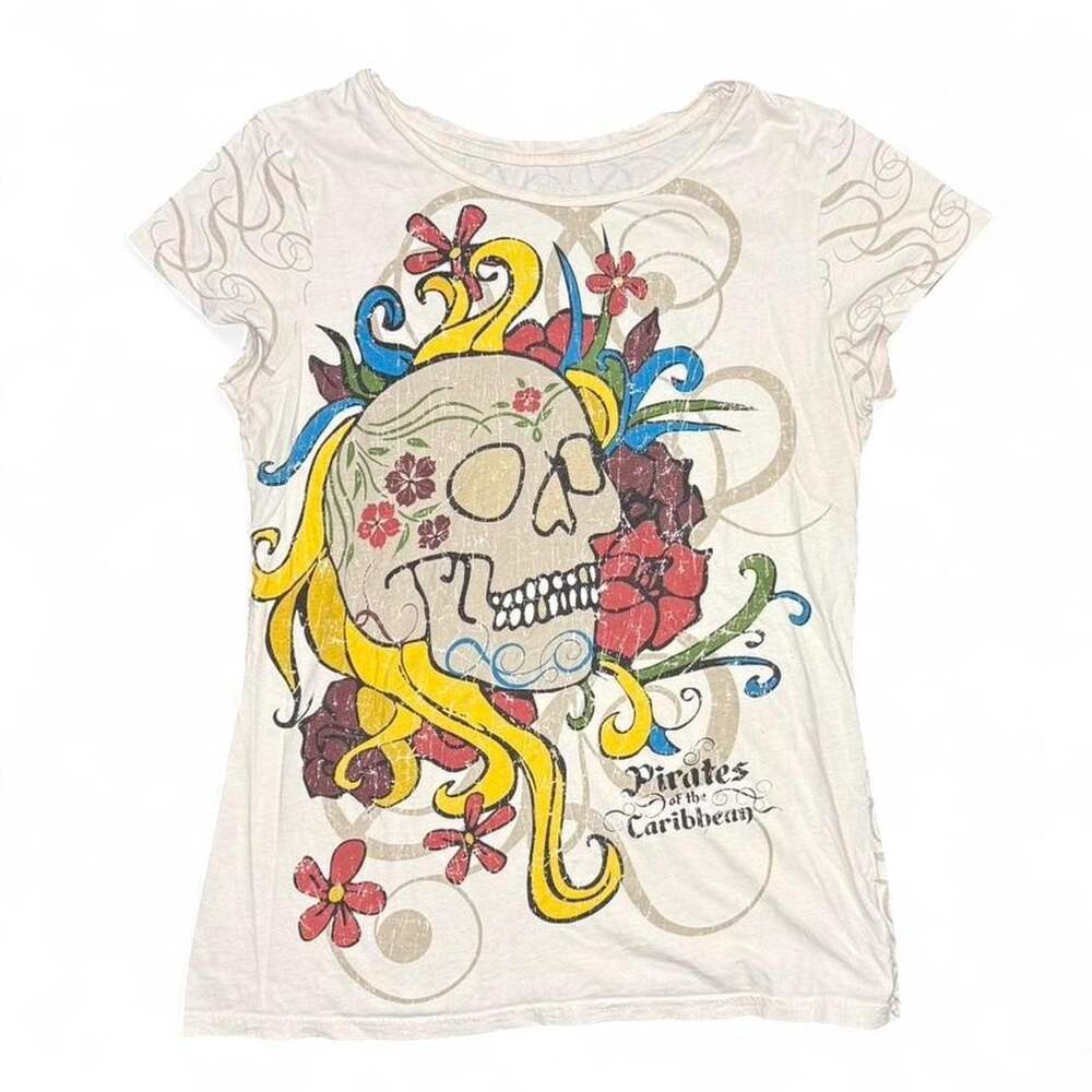 Disney Parks Pirates of the Caribbean Skull Floral Graphic T-Shirt XL
